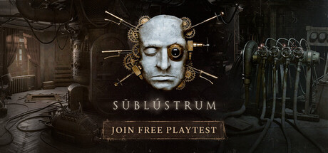 Official promotional image. Steam header for app 4151300: a pale face fitted with brass parts, the game name, and a playtest plate, in a dim machine room.
