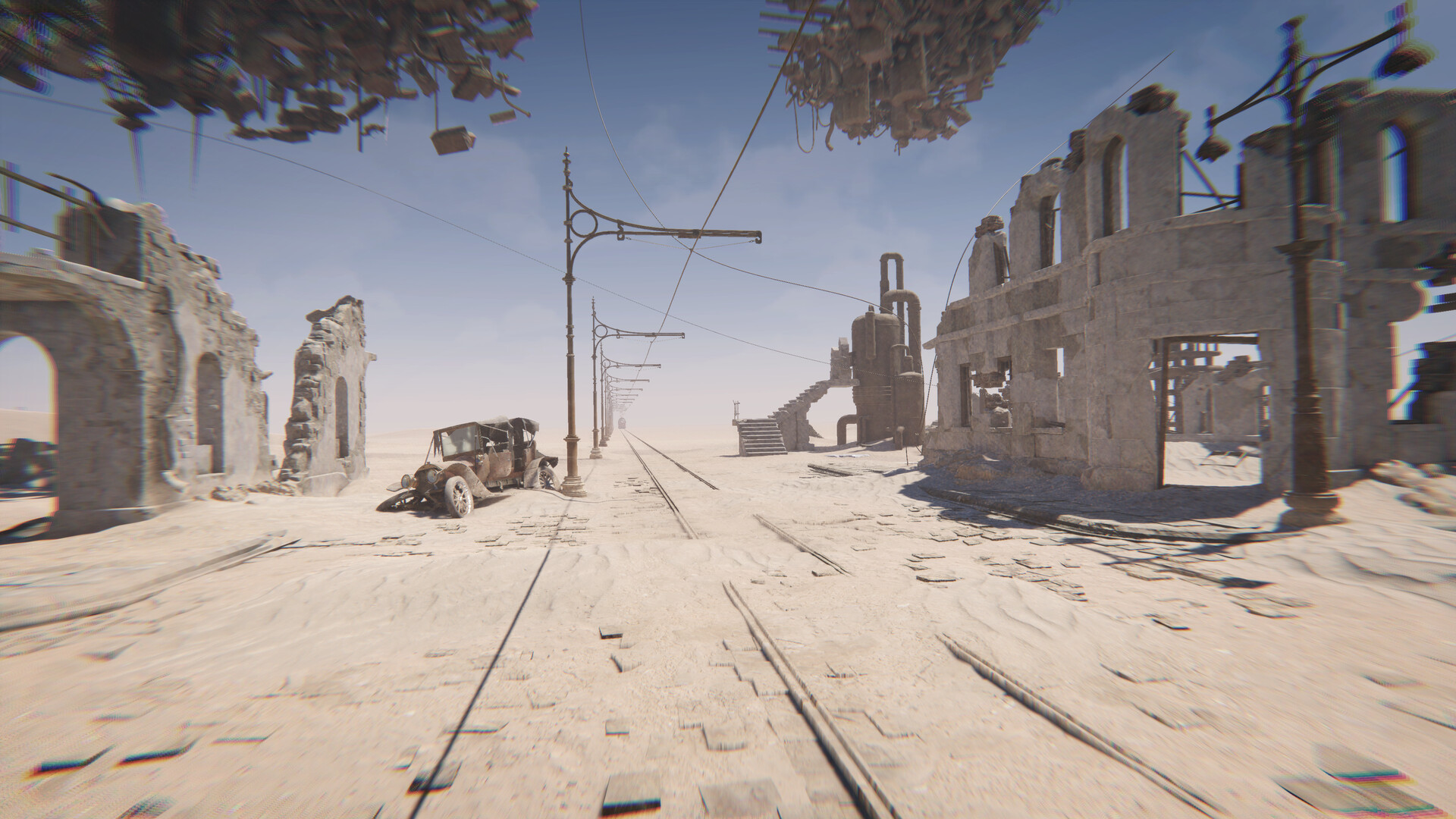 Official promotional image. Steam screenshot 3 of 8: a pale desert street with tram rails, ruined stone buildings, and a wrecked car.