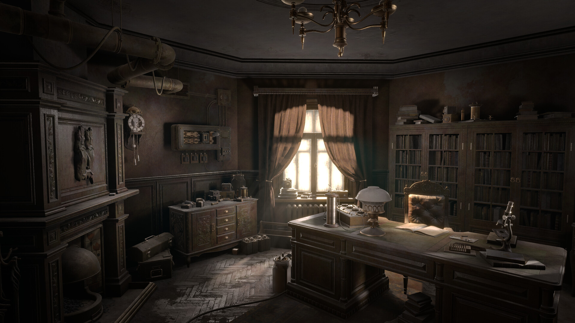 Official promotional image. Steam screenshot 7 of 8: a wood-paneled study lit by one window, with bookshelves and a desk.