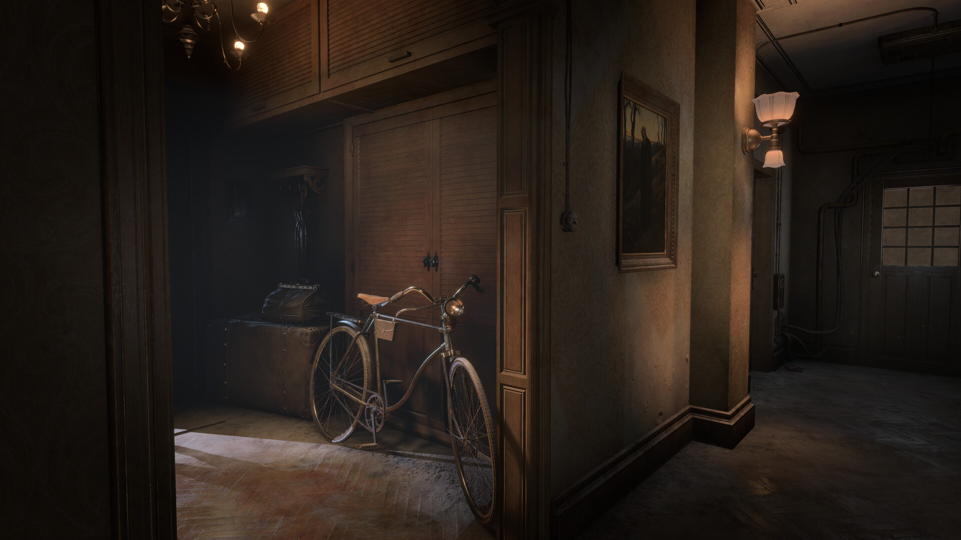 Official promotional image. Steam screenshot 8 of 8: a hallway with a bicycle against a cabinet and a wall lamp.